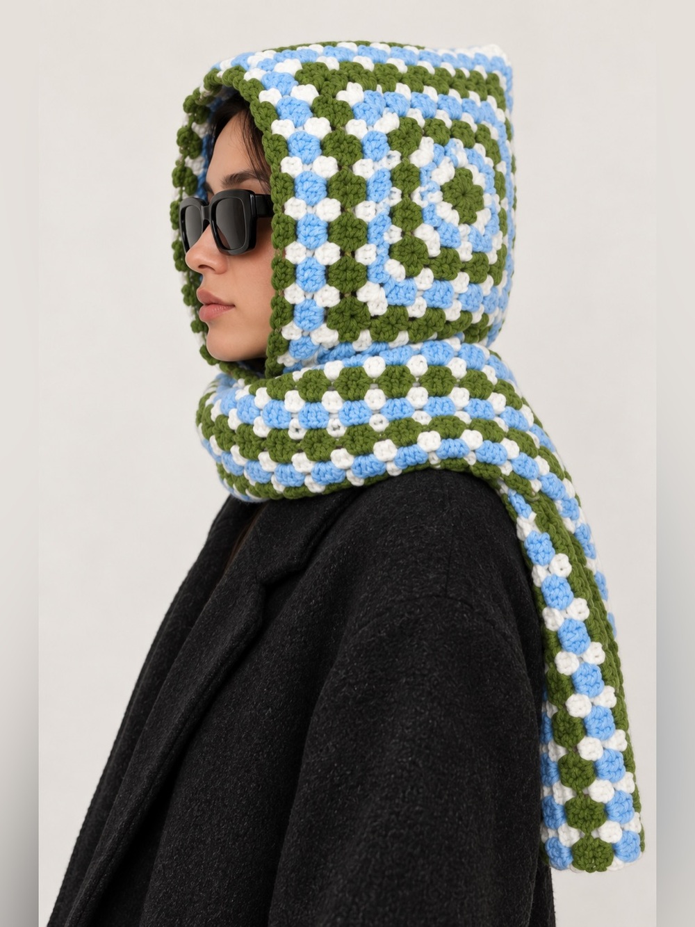 Handmade Crochet Granny Square Scarf Hoody
